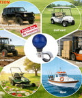 Round Steering Wheel Spinner Knob Booster for Easy U Turn and Quick Stop Off Road Use Only Car Wheel Assist Grip with Ball Handle Fits Most Tractors Forklifts Lawn Mowers Boats Dark Blue, with various vehicle applications shown.