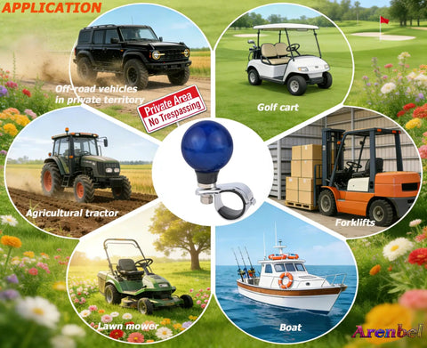 Round Steering Wheel Spinner Knob Booster for Easy U Turn and Quick Stop Off Road Use Only Car Wheel Assist Grip with Ball Handle Fits Most Tractors Forklifts Lawn Mowers Boats Dark Blue, with various vehicle applications shown.