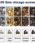 Straight-Up Chicago Studs Leather Crafting Kit With Heavy-Duty Punch Tools And Precision Screwdrivers And 100 Piece Multi-Color Binding Screw Set For Badass Diy Projects with assorted Chicago screws in silver, gold, and bronze.