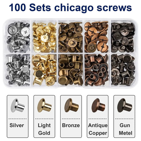 Straight-Up Chicago Studs Leather Crafting Kit With Heavy-Duty Punch Tools And Precision Screwdrivers And 100 Piece Multi-Color Binding Screw Set For Badass Diy Projects with assorted Chicago screws in silver, gold, and bronze.