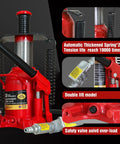 Close-up of Big Red 20 Ton Low Profile Pneumatic Bottle Jack showing automatic spring, double lift model, and safety valve feature.