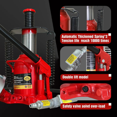 Close-up of Big Red 20 Ton Low Profile Pneumatic Bottle Jack showing automatic spring, double lift model, and safety valve feature.