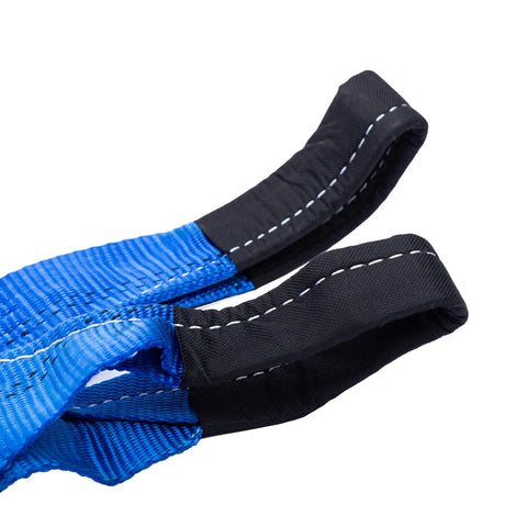 Three Inch Wide 8 Foot Tow And Winch Strap, 30,000 Pound Capacity, Heavy Duty Polyester Webbing With Weatherproof And Waterproof Build, Must Have Gear For Trucks, ATVs, And Heavy Equipment close-up looped ends