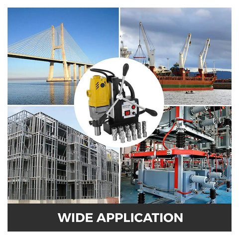 Powerful 1100w Electromagnetic Mag Drill Press Machine for Heavy Duty Metal Drilling displayed at a construction site and marine setting.
