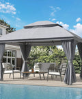 Outdoor Gazebo 10 By 13 Ft With Double Roof And Mosquito Netting Built Tough Metal Frame Canopy UV Resistant Waterproof Top Curtains