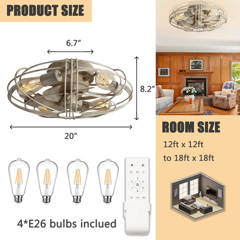 Blade-Less Farmhouse Ceiling Fan With Light And Remote Control, Black Finish, Flush Mount, Product and Room Size Details