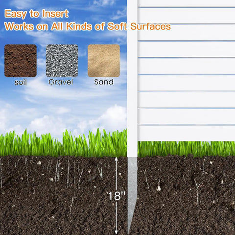 Diagram showing Three Panel Backyard Privacy Fence White PVC 48 Inch Wide By 42 Inch High No Dig Privacy Screen in soil with 18 inch stake