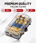 Heavy Duty ANL Fuse Holder 60 Amp 3 Way Wiring Distribution Block for Marine Boat Trolling Motor ATV Trailer Car Audio Power Setup.