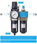 Front view of 1/4 Inch NPT Air Filter Regulator Lubricator Combo with 5 Micron Brass Element 0-150 Psi Gauge Manual Drain in use instructions