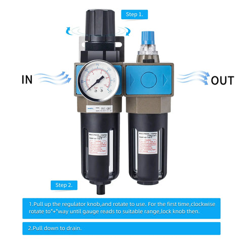 Front view of 1/4 Inch NPT Air Filter Regulator Lubricator Combo with 5 Micron Brass Element 0-150 Psi Gauge Manual Drain in use instructions