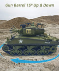 Remote Control Battle Tank 15 Channel 2.4GHz RC Tank One Twentieth Scale Sherman M4A3 with turret rotation in desert scene