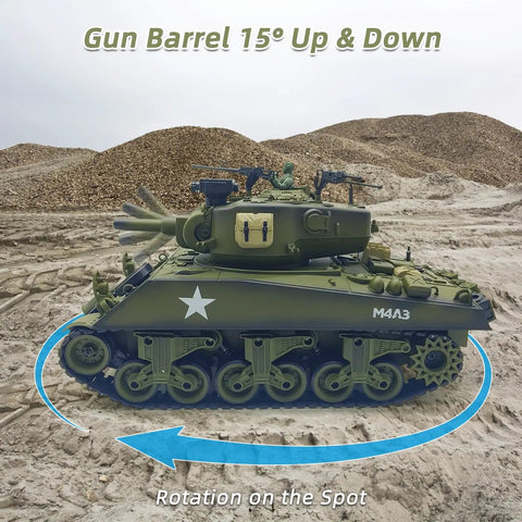 Remote Control Battle Tank 15 Channel 2.4GHz RC Tank One Twentieth Scale Sherman M4A3 with turret rotation in desert scene