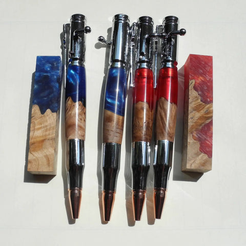 Bolt Action Pen Set With Chrome Rifle Clip Chrome Birch Burl Wood And Red Resin Composite Ballpoint Pen Built From Stabilized Woods And Resin Crafts Included Gift Box Unique Wood Grain Slick Gift For Writers And Collectors