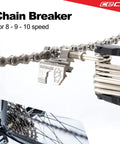 Pro Grade 20 Function Bike Tool With Chain Breaker attached to bike chain, showing chain-breaking feature.