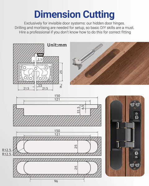 Diagram showing dimensions and installation of Slick Hidden Door Hinges Pack Of 2, 6 Inch Concealed Zinc Alloy Butt Hinges in black.