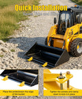 Heavy Duty Tractor Bucket Skids For Lawns And Driveway Surfaces Two Pack Bolt On Edge Guards installed on a skid steer, showing quick installation.