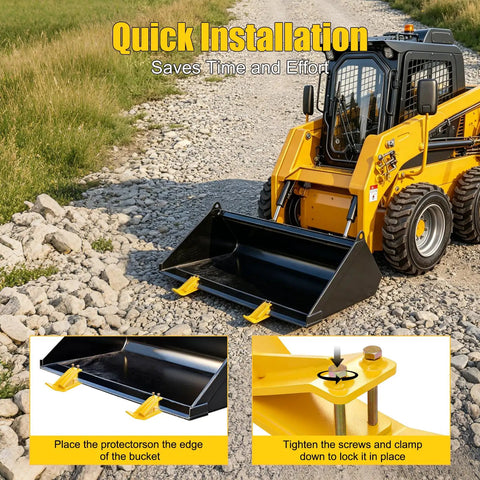 Heavy Duty Tractor Bucket Skids For Lawns And Driveway Surfaces Two Pack Bolt On Edge Guards installed on a skid steer, showing quick installation.