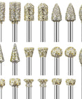 Diamond grinding bit set, 60 grit, 20 pieces with 1/8 in shanks, assorted cone/barrel/round shapes for stone carving.
