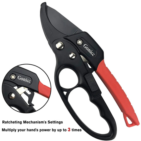 Badass Heavy Duty Anvil Pruning Shears 8 Inch Blade Ratchet Action Pruner For Rose Bushes with ergonomic grips and ratchet mechanism.