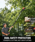 Man using Ultra Lightweight Cordless Pole Hedge Trimmer With Dual Batteries And Charger, 18 Inch Blade to trim trees.