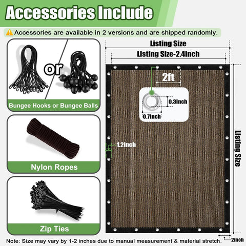 Ninety Percent UV Blocking Outdoor Sun Shade Cloth For Pergolas, 6 By 10 Feet With Grommets, Mocha Privacy Screen accessories shown