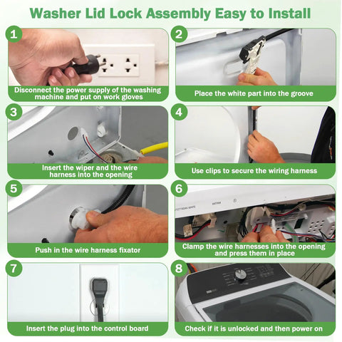 Washer lid lock assembly installation steps with hand tools, focusing on Heavy Duty Washing Machine Lid Lock Assembly Replacement For Whirlpool Maytag Kenmore Amana Top Loader.