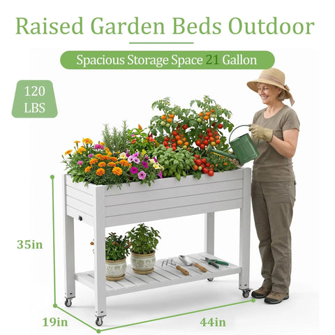Raised Garden Bed On Wheels With Storage Shelf And Water Level Monitor, Elevated Planter filled with herbs and vegetables, grayish white