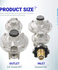 Two stage propane regulator for RVs with POL connection and 3/8 inch female NPT outlet, showing precise size and fittings.