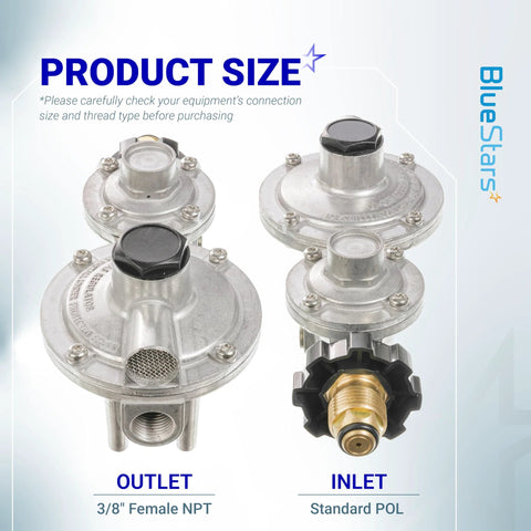 Two stage propane regulator for RVs with POL connection and 3/8 inch female NPT outlet, showing precise size and fittings.
