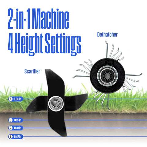Powerful 13 Inch 12 Amp Two In One Electric Dethatcher And Scarifier With Collection Bag And Adjustable Depth Control Up To 3300 RPM, blade settings view