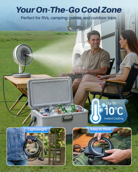 Portable Magnetic Misting System With 6000mAh Battery And Built In Water Pump For Outdoor Cooling No Hose Needed displayed at a campsite