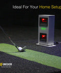 Golfer using Eye Mini Core Golf Launch Monitor And Simulator With Real Time Tracking And Near Zero Latency next to golf club.