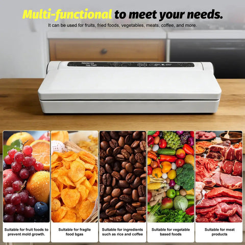 Compact Food Vacuum Sealer With 75kPa Suction And Digital Countdown Timer on a kitchen counter