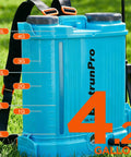 Blue 4.2 gallon backpack sprayer for lawns, featuring measurement markings and adjustable straps, visible on grass.