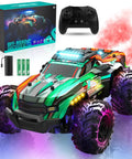 Colorful All Terrain One Sixteenth Scale RC Monster Truck With LED Lights and accessories on display