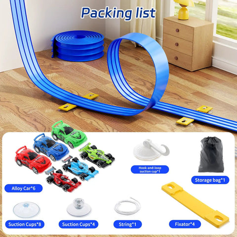Three Lane Flexible Race Track Toy Set With Roll Up Design 16.4 Feet DIY Car Track Featuring Strong Suction Cups Portable And Easy Setup For Kids Compatible With One Sixty Fourth Scale Diecast Cars, showing blue track, toy cars, and accessories.