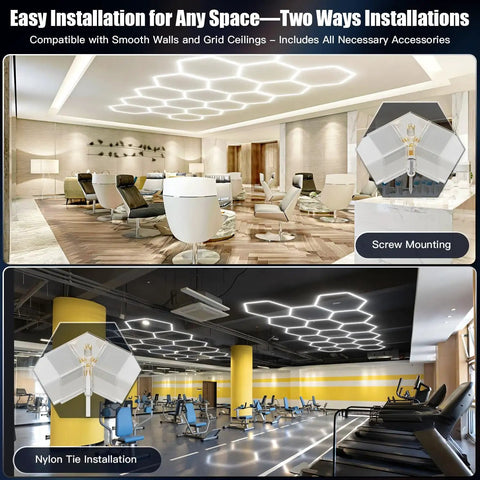 Hexagon LED Garage Lights 200W 20000LM 5 Grids 25 Pack Ceiling Shop Light 6500K Ultra Bright For Your Garage And Shop Car Care Wash Room Basement For Home And Pro Use installed in modern and gym settings.