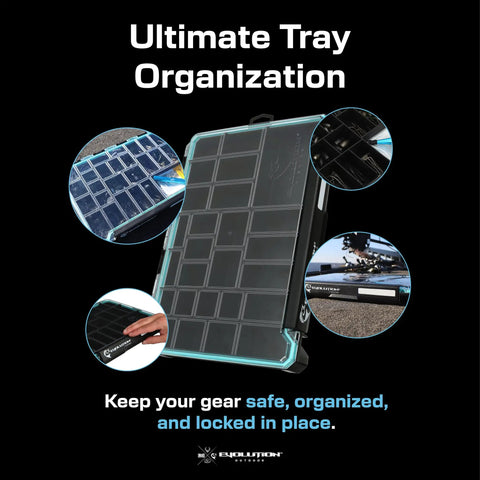 BallistiX Terminal Tackle Tray With Waterproof Gasket Clear Lid And One Hand Latch For Easy Grab-And-Go Tackle Storage Anti-Corrosion Lure Box Durable Polycarbonate Case 13.2 x 9.375 x 1.6 Inches Black showing organizational features and secure locking details.