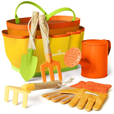 Kid Friendly Garden Tool Set For Kids STEM Learning Kit With Tote Bag Colorful Spade Watering Can Rake Fork Trowel And Gloves