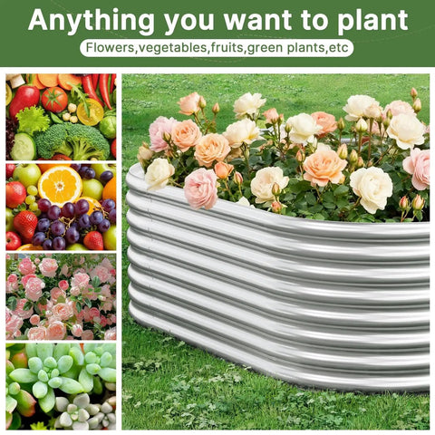 Galvanized Raised Garden Bed Set 3 Piece Outdoor Metal Garden Boxes with flowers, fruit, vegetables, succulents.