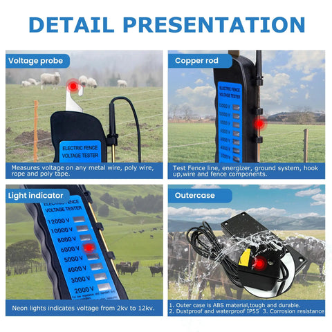 12KV Fence Tester With 8 Neon Indicator Lights Workhorse Electric Fence Voltage Meter For Farms Fault Finder And Quick Wire Fault Detection Tool For Easy Field Checks, ABS case