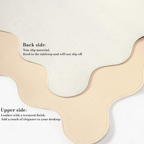 Extra Large PU Leather Desk Pad With Scalloped Edges, Waterproof Non Slip Desk Protector Mat For Office And Home, Large Mouse Pad With Stitched Border, Beige Tone For A Calm, Modern Workspace, showing non-slip back and textured front.