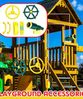 Pirate Ship Playground Accessories Set With Ship Wheels Telescopes And Safety Handles For Outdoor Playhouses And Treehouses Kid Friendly Backyard Adventure Toy Phone Included displayed on outdoor playset