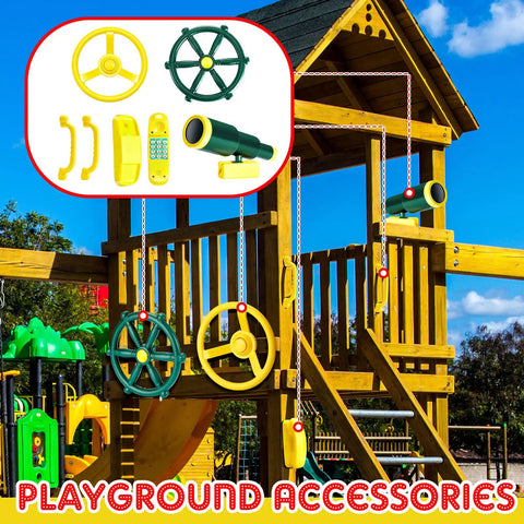Pirate Ship Playground Accessories Set With Ship Wheels Telescopes And Safety Handles For Outdoor Playhouses And Treehouses Kid Friendly Backyard Adventure Toy Phone Included displayed on outdoor playset