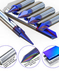 Nano Blue Coated CNC Wood Engraving Router Bit Set One Quarter Inch Shank With 15 20 60 90 Degree V Bits And 2 Flute Straight Bits Tungsten Carbide Engraving Tools displayed with inserts showing features.