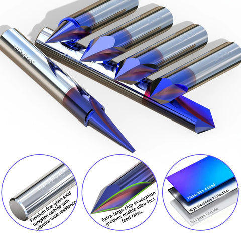 Nano Blue Coated CNC Wood Engraving Router Bit Set One Quarter Inch Shank With 15 20 60 90 Degree V Bits And 2 Flute Straight Bits Tungsten Carbide Engraving Tools displayed with inserts showing features.