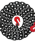 Heavy Duty One Half Inch By Twenty Foot Grade Eighty Transport Binder Chain With Twelve Thousand Lbs WLL And Forty Eight Thousand Lbs Break Strength, Clevis Grab Hooks For Tie Down And Towing, Oil Free Surface And Corrosion Resistant Blackened Steel coiled on white background