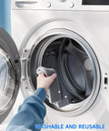 Person placing a gray microfiber cloth into a front-loading washing machine for cleaning. Text reads 'Washable and Reusable'.