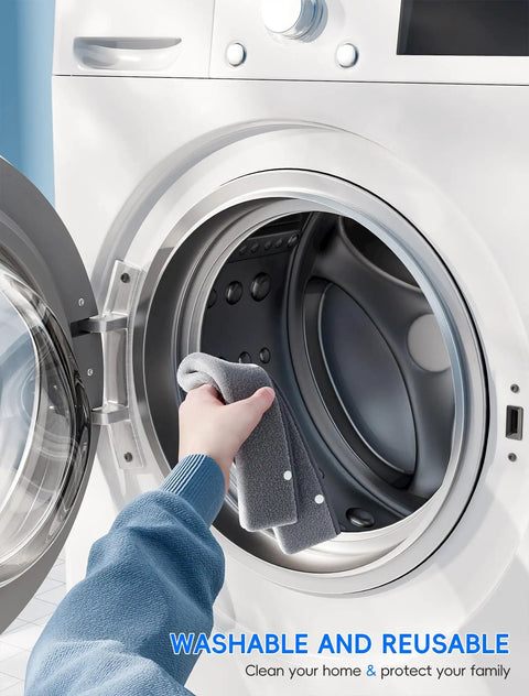 Person placing a gray microfiber cloth into a front-loading washing machine for cleaning. Text reads 'Washable and Reusable'.