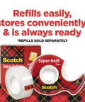 Super Hold Tape With 50 Percent More Adhesive, Clear Finish, 2 Rolls, Dispenser Ready, shown with refill box and dispenser.